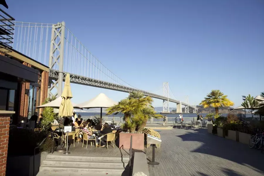 Diners enjoy a meal along the San Francisco waterfront.